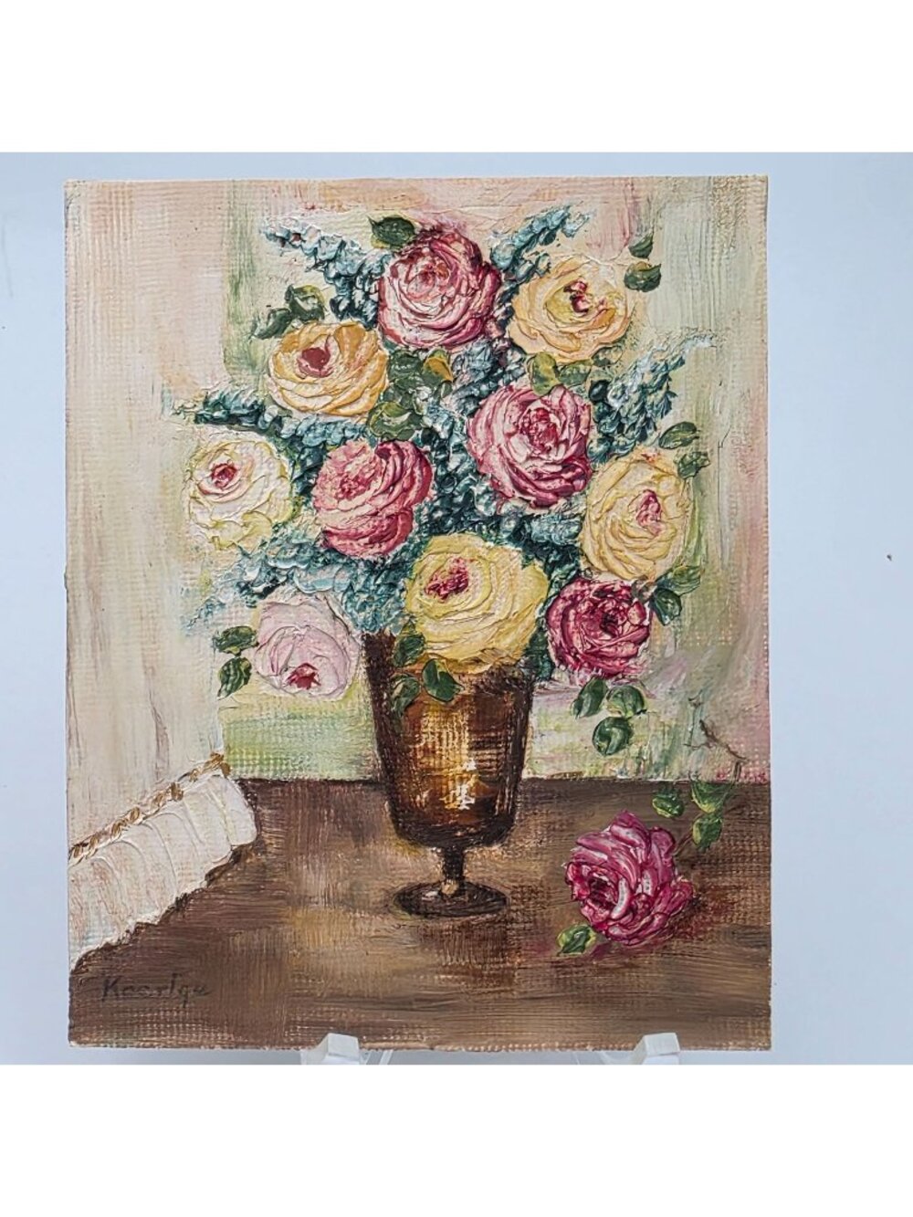 Original Floral Oil Painting By Ina Koertge 1969 Textured Roses Gold Vase Canvas